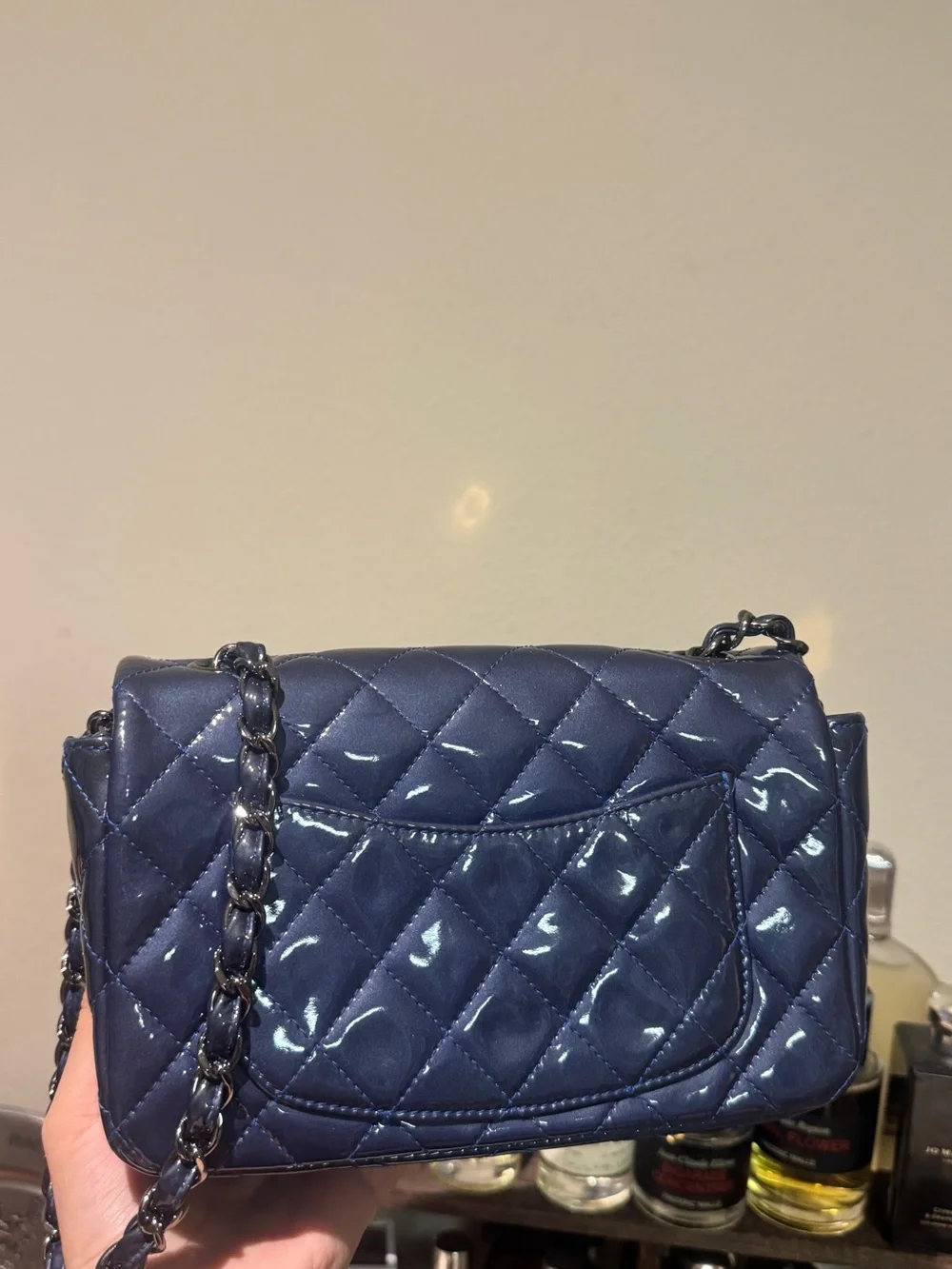 CHANEL Quilted Patent Leather Mini Flap Bag in Navy